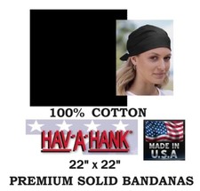 USA MADE Hav-A-Hank BLACK SOLID 22" BANDANA Head Wrap Neck Face Mask Scarf Hanky