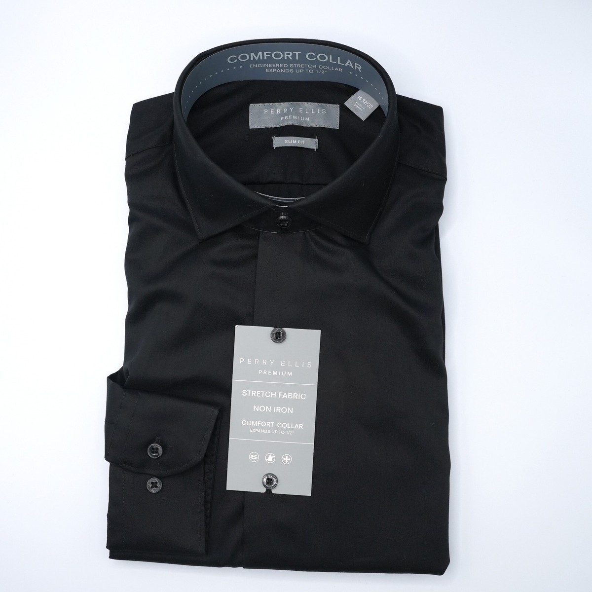 Perry Ellis Men's Dress Shirt 16 32/33 SLIM FIT Black Solid Non-Iron NWT 