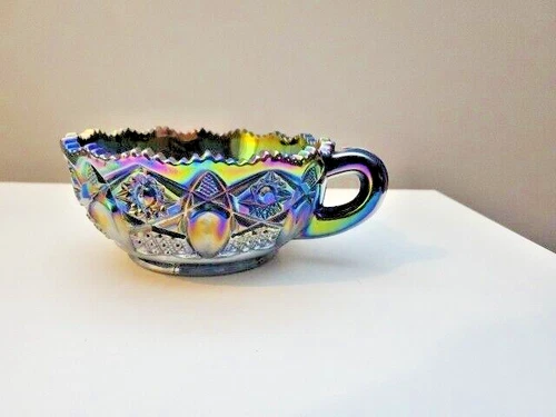 LE Smith American Heritage Pat Electric Blue Carnival Glass Nappy Sawtooth Edge