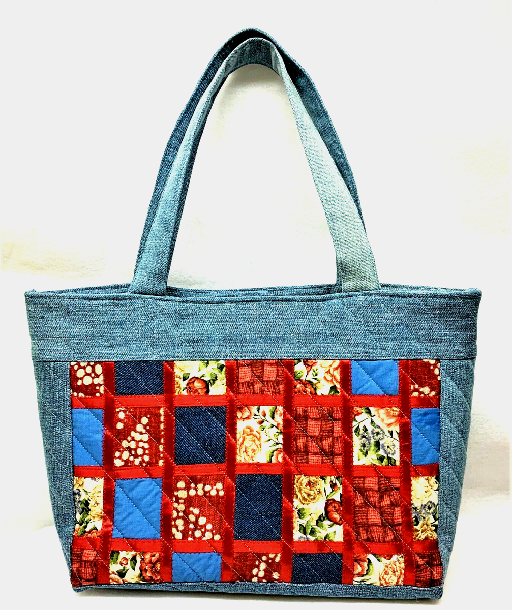 Handmade Blue Denim Patchwork Quilted Tote Bag with Magnetic Snap