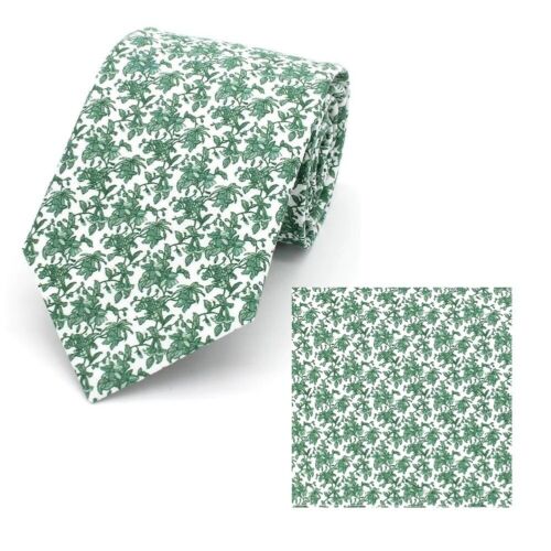 Green Floral Cotton Tie & Pocket Square NEW / FREE P&P - Picture 1 of 3