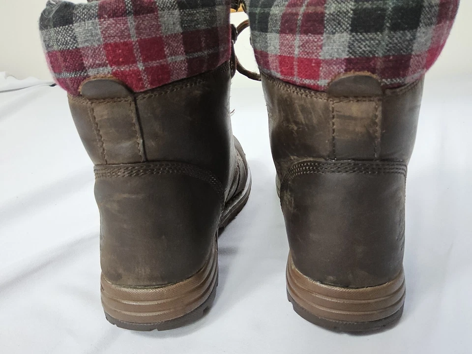 CAT WOMEN'S BROWN LEATHER BOOTS PLAID FABRIC ACCENT STEEL TOE RUBBER SOLE 6.5 M  - Image 4 of 4