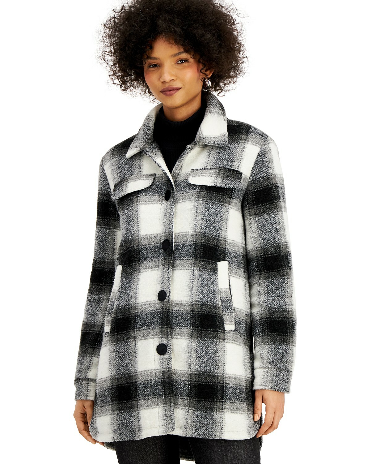 Steve Madden Juniors' Plaid Shirt Jacket - Black Cream Plaid - Size XXL