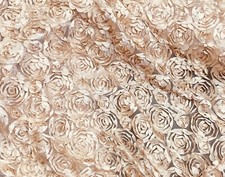 Beige 3D Rosette Embroidery Satin Rose Flowers Floral Mesh Fabric by the yard