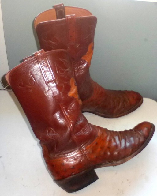 MENS LUCCHESE CLASSICS HANDMADE L0406 FULL QUILL OSTRICH BROWN BOOTS