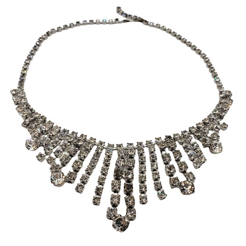Vintage Rhinestone Collar Bib Necklace Silver Tone Hook Close - Picture 10 of 12