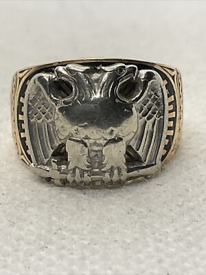 VINTAGE 10K Two Tone Gold  32  DOUBLE HEADED EAGLE Unisex Band Ring 8.5gr Size 7