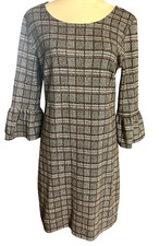 Nina Leonard Womens S Plaid Brown Gray 3/4 Balloon Sleeves Shift Stretch Dress