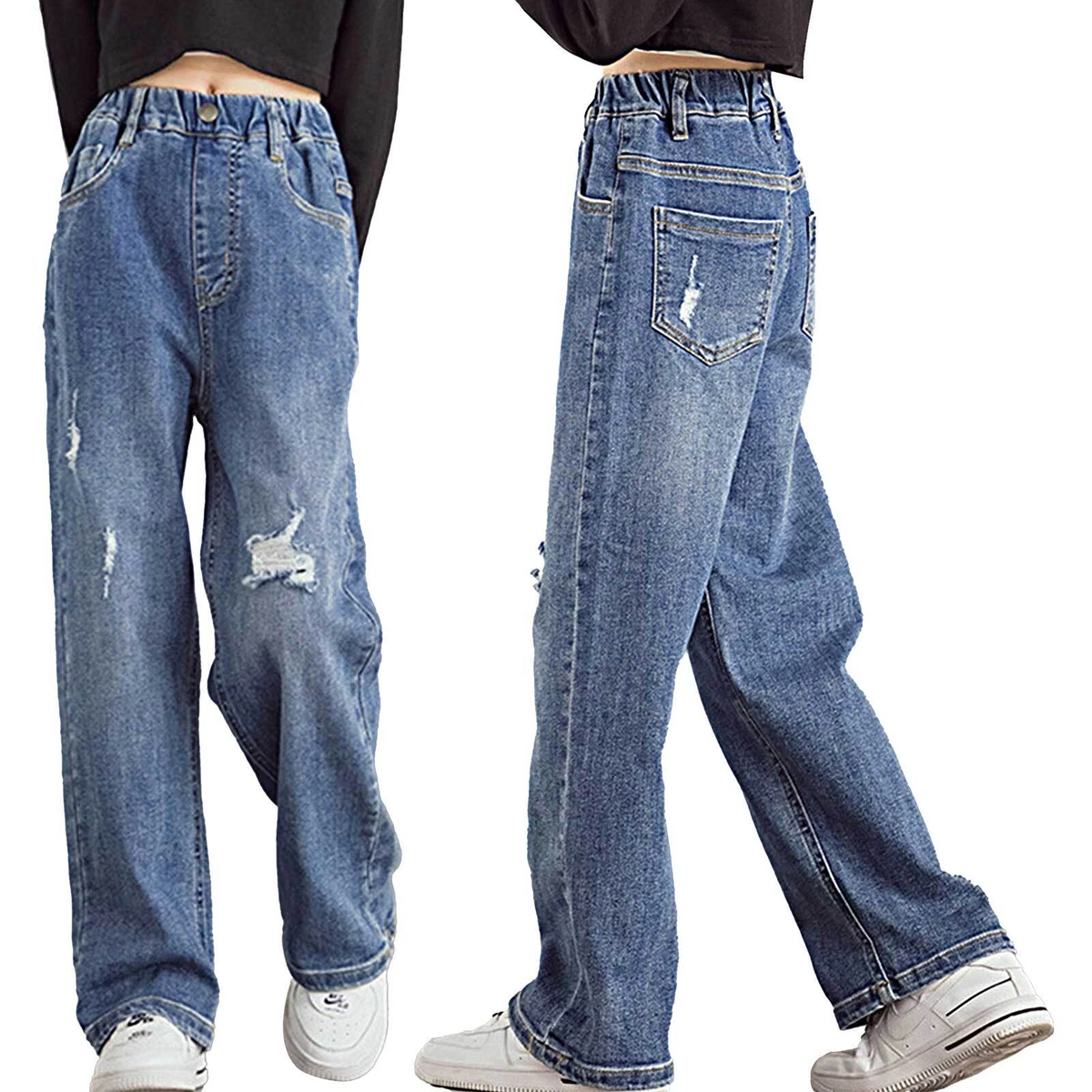 Kids Girls Ripped Jeans Elastic Waist Straight Leg Denim Pants