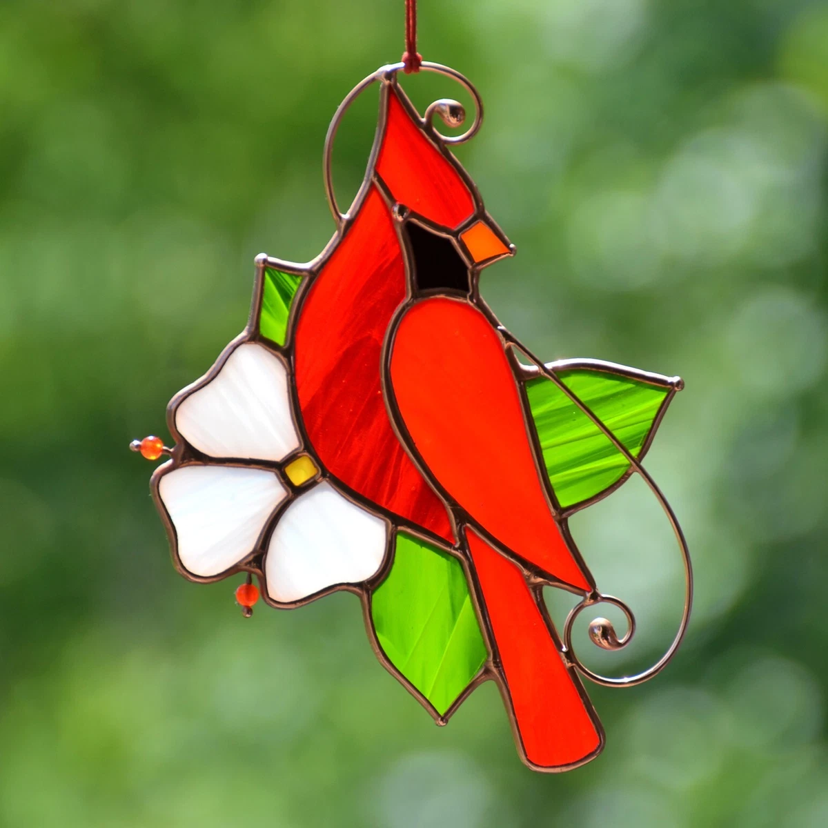 Stained Glass Cardinal 5x5 Handmade Bird Suncatcher Window Hanging Memory  Gift