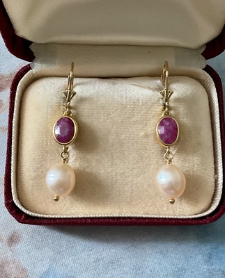 Boucles D'oreilles Anciennes Rubis, Or, Argent Et Perle - Pendantes Dormeuses Poinçonné