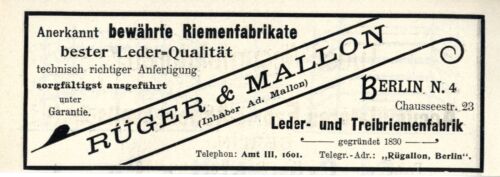 Rüger & Mallon Berlin FÁBRICA DE CUERO Y CORREA DE CONDUCCIÓN publicidad histórica de 1896 - Imagen 1 de 1