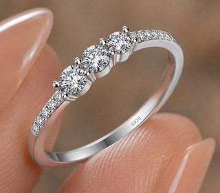 VVS D Moissanite Diamond Accent Ring 925 Sterling Silver Three Stone Band Size 7