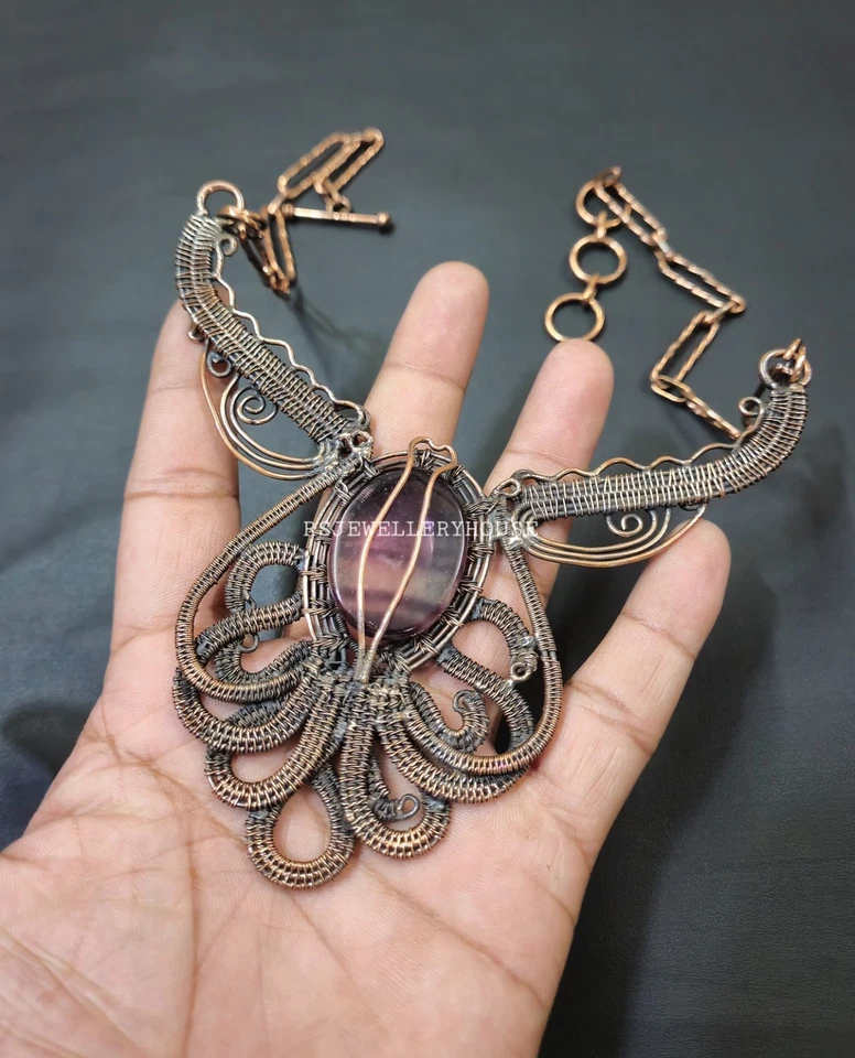 Multi Fluorite Necklace Wire Wrapped Jewelry Octopus Jewelry Fluorite Gemstone - Image 4 of 4