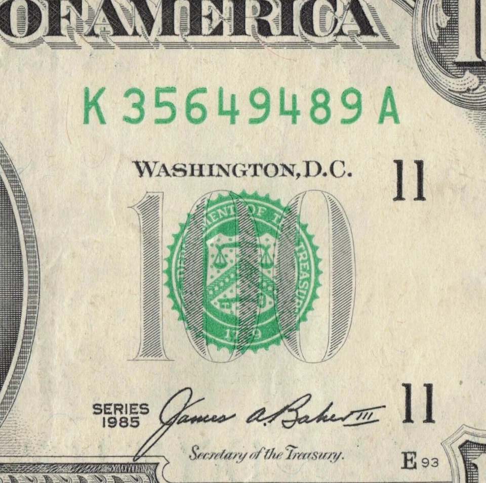 1985 100$ Dollar Bill 9.6 Micro Run Total Short Total Run K35649489A Ink Transfe - Image 2 of 4