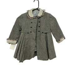 Vintage Girls Dress Coat 4 Gray Double Breasted Peter Pan Collar Pleated Classic