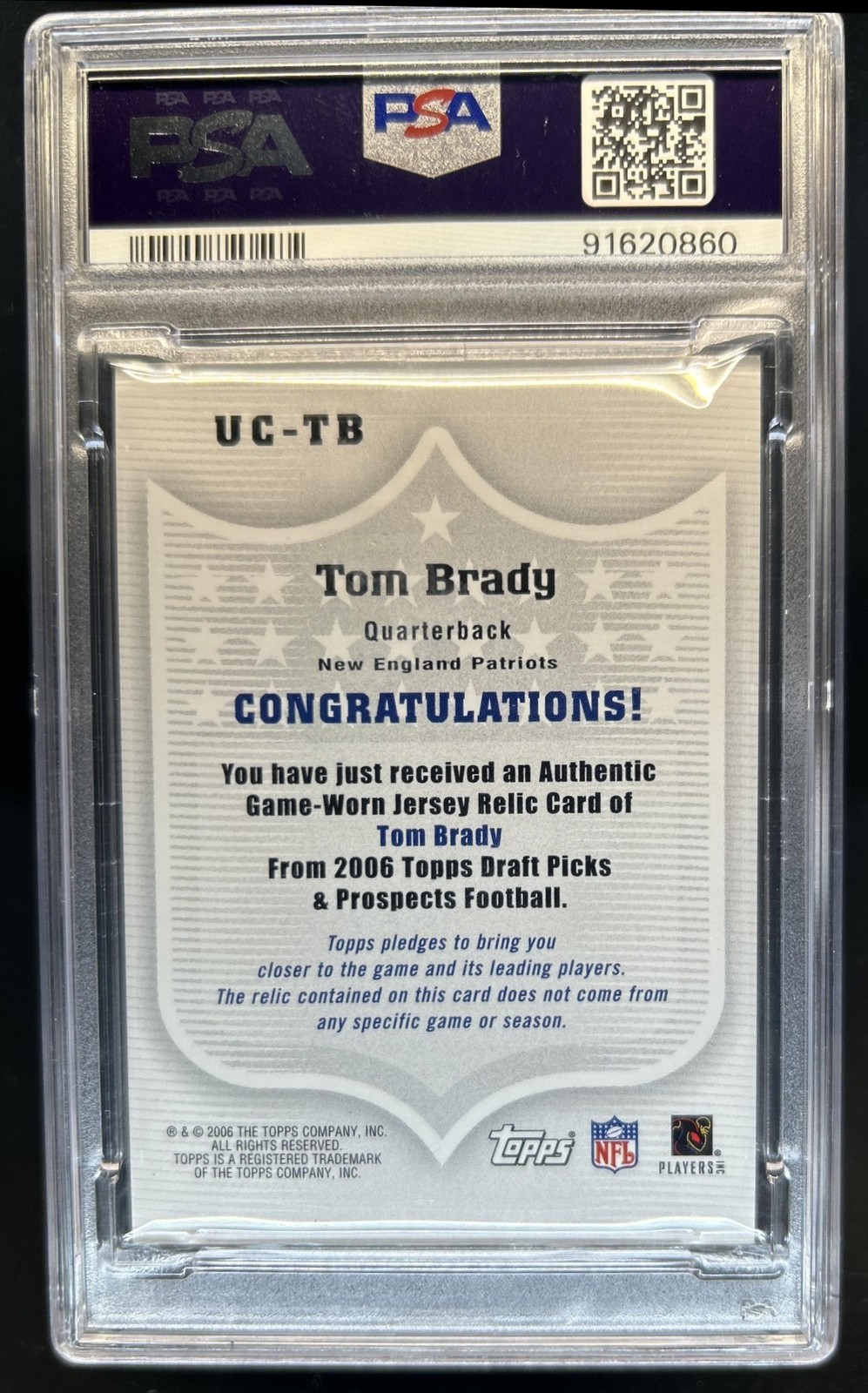 2006 Topps Draft Picks & Prospects Tom Brady Upperclassmen Jersey #UC-TB PSA 9 view 2