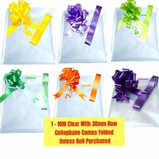 1 - 10M Clear Cellophane Gift Wrap + 30mm Bow Baby Birthday Hamper Basket Film