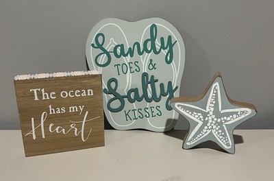 Lot Of  3 Beach Signs, Starfish, The Ocean Has My Heart, Sandy Toes & Salty Kiss