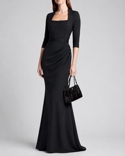 Designer Queen Anne Neckline Mermaid Gown 3/4 Sleeves Black Modest sz 6 Ruched