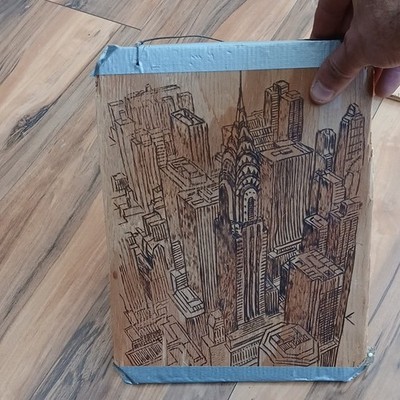 Handmade Line Drawing New York Cityscape Chrysler Building on Wood Original Art