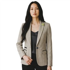Women's Cream Check Wool Blend Herringbone Tweed Formal Tailored Blazer