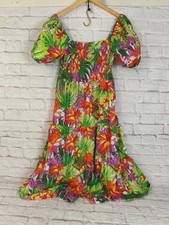 Flying Tomato SZ L Floral Smocked Puff Sleeve Tiered Dress Tropical Green Pink