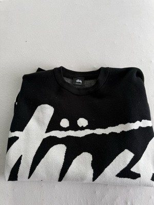 Stussy Herren Strickpullover Rundhals Langarm Schwarz/Weiß Logo Gr. M