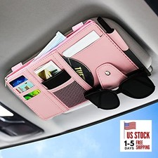 Car Sun Visor Organizer, Leather Pocket Organizer Sunglass Holder for Car Pink