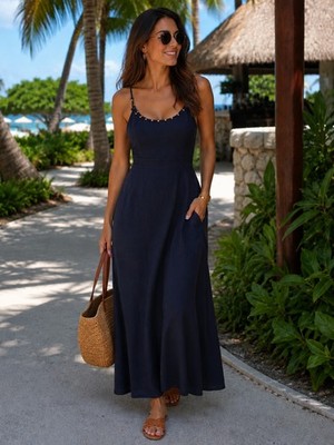 CALYPSO St. Barth Boho Luxe Beaded Navy Linen Midi Maxi Dress XSmall Luxe $495