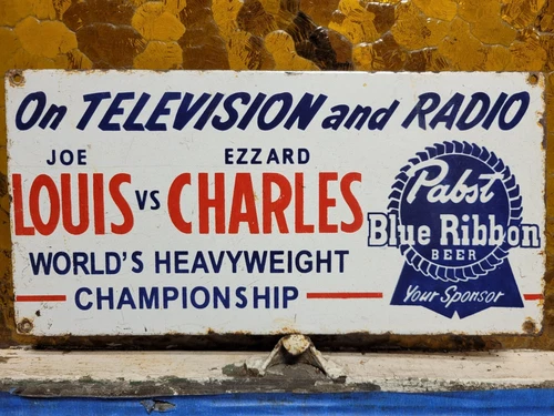VINTAGE PABST BEER PORCELAIN SIGN OLD BLUE RIBBON BOXING JOE LOUIS vs. CHARLES
