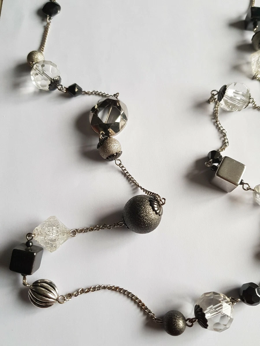 NEXT SILVER SPARKLY BEAD STATEMENT NECKLACE 114cm LENGTH GOOD CONDITION