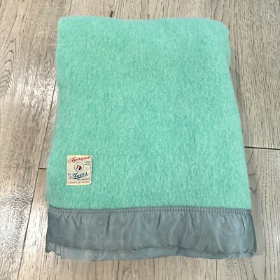 Vintage Ayers Wool Blanket Green Satin Trim 59