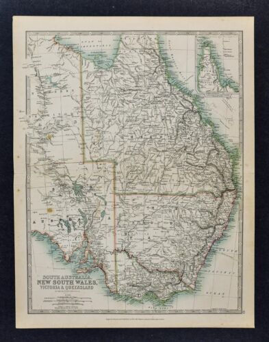 1906 Johnston Map New South Wales Victoria Queensland Australia Sydney Melbourne - Afbeelding 1 van 5