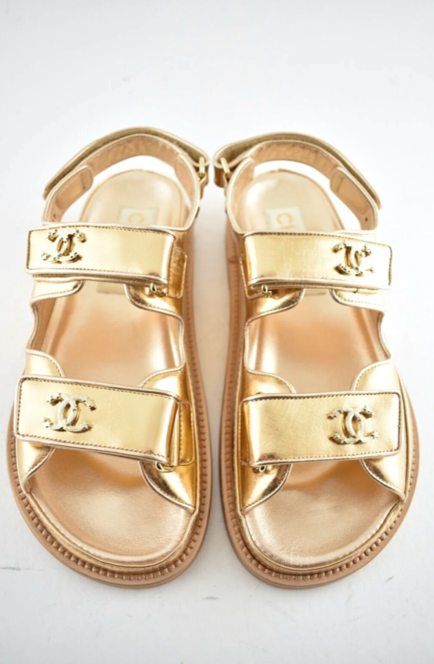 Chanel 22C Golden Gold Laminated CC Logo Mule Slide Strap Flat Dad