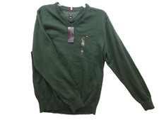 Tommy Hilfiger Men Sweater Pullover Dark Green V-Neck XL Classic Long Sleeve NEW