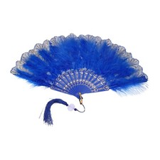 1 Pcs Vintage Folding Fan, Embroidered Flower Feather Fans, Dark Blue Polyester 