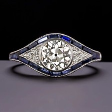 Round 2Ct Lab-Created Diamond Sapphire Art Deco Style Engagement Ring 925 Silver