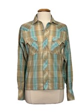 Vintage Man  s Western Plaid Shirt Pearl Snap Size Small 15  Neck Brown Teal