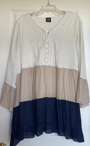 NWT Cal Style Crochet Trim Dress Size 3X Tiered Peplum Color Block Gauzy Lined