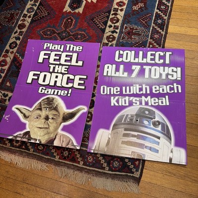 Set (2) Taco Bell 1997 Star Wars Toys R2-D2 Yoda Promo Window Cling Poster RARE