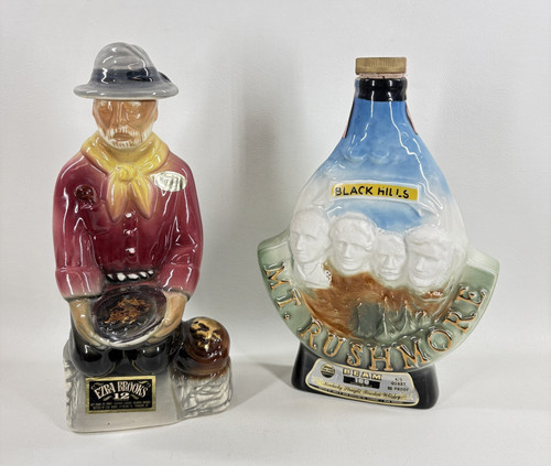Pair-Vintage Jim Beam Decanters: Ezra Brooks Gold Miner 1969/Mount Rushmore 1969