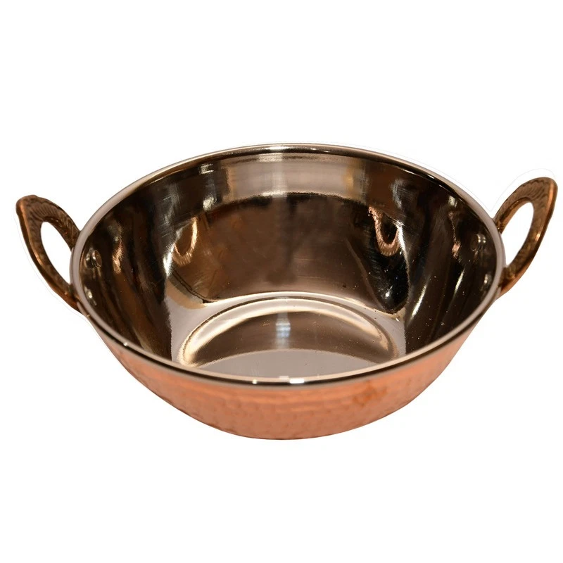 Copper Stainless Steel Kadai Cooking Serving Karahi Wok Bowls Hammered Finish 6" - Image 2 of 4