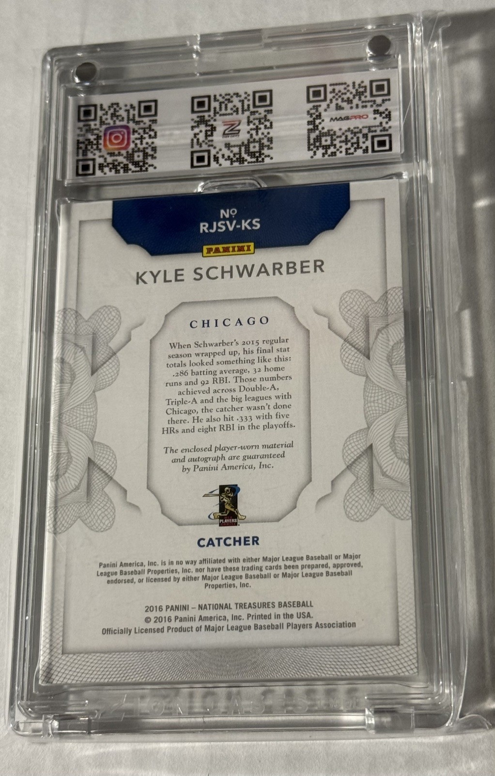 2016 National Treasures Kyle Schwarber RC Auto Patch /99 Cubs Phillies RPA view 2
