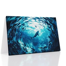 Sharks Canvas Wall Art Shark Catching Fish Picture Print Wall Decor Ocean Ani...