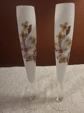 Vintage Glass Bud Vase Pair Hand Painted White Flowers 10” Vases