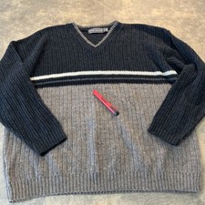 Vintage Sweater Men's XL David Taylor Gray Stripe Made in USA Ribbed V-Neck FLAW