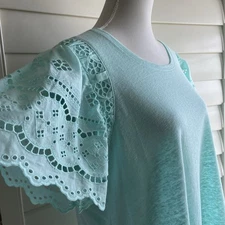 CHICO'S Teal Blue Flutter Eyelet Sleeve 100% Linen Knit Top Tee Shirt Large  2
