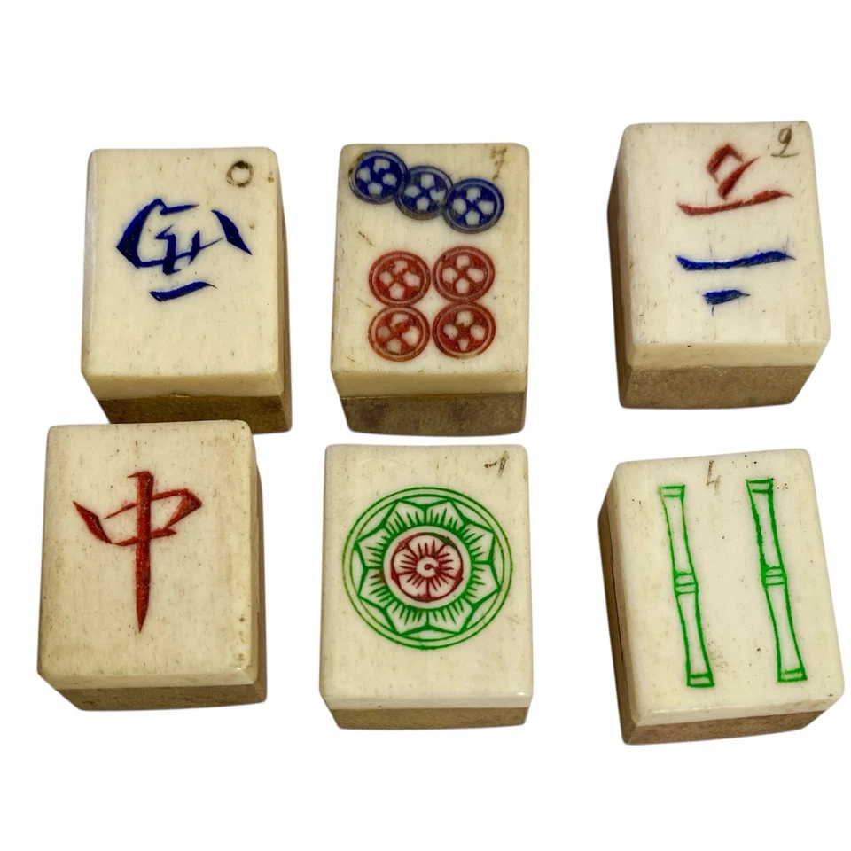 Très ANCIEN XIXe JEU de MAH-JONG Jeton Os& Dos Bambou Dans Son Coffret En Tôle - Photo 2/4