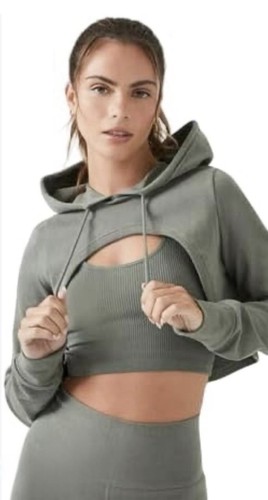 Forever 21 Super Crop Cutout Hoodie Pullover Olive Green Yoga Dance Gym Medium